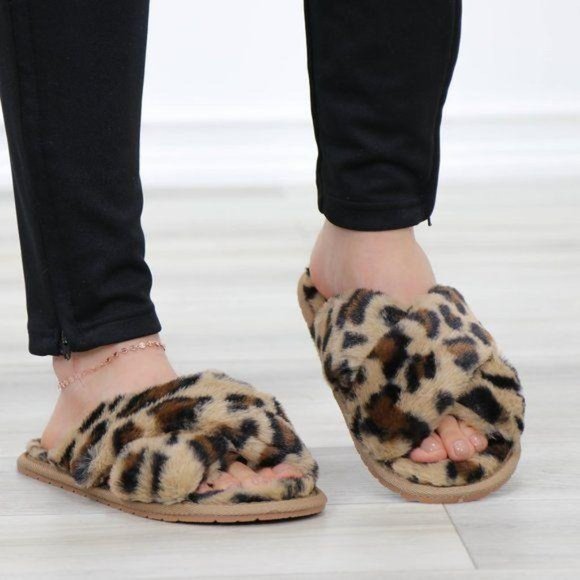 Leopard  Fuzzy Furry Criss Cross Sandal Sliders - Picture 4 of 14